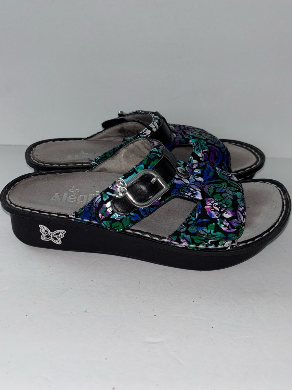 Alegria Peg-146 Sandals Hibiscus Blue Floral Leather Size 36 Women’s 6 6.5 Peggy